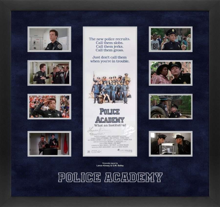 Police Academy Framed Display Signed by Lance Kinsey and G.W Bailey - Memorabilia Framers Shop